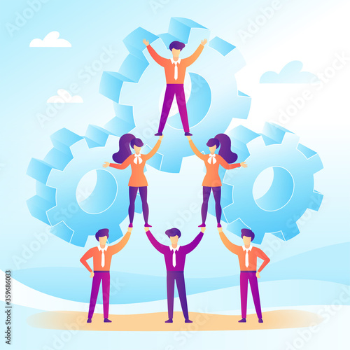 Teamwork concept with business people forming a pyramid in a flat design. Trend soft gradient, Vector illustration