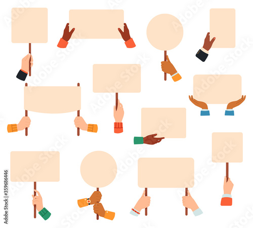 Placards in hands. Protest or manifestation banners, hands holding vote placards, peace protest empty sign posters vector illustration set. Manifestation protest, demonstration placard and banner