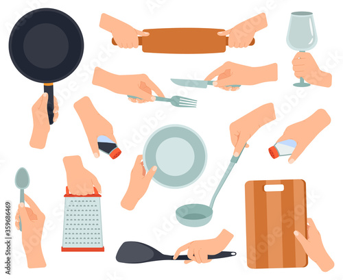 Hand hold kitchenware. Cooking items in female hands, frying pan, stainless fork, knife, hands holding kitchen utensils vector illustration set. Knife and fork, pan and utensil cook