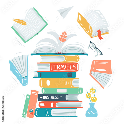 Books stack. Open engrave books concept, hand drawn stack of open and close books, science, education library books isolated vector illustration. Book literature, stack school library