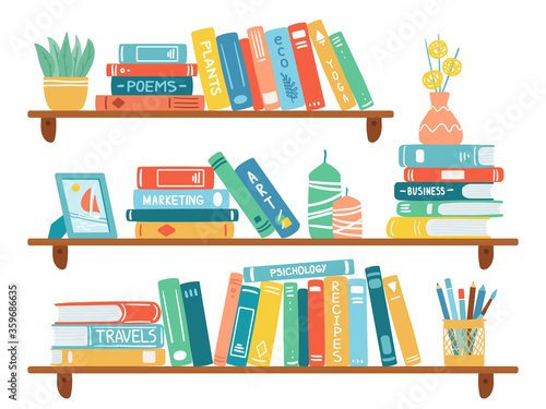 Interior bookshelves. Books at bookshelf, textbooks pile, school education or bookstore shelf, library bookcase isolated vector illustration set. School archive and bookshop, bookcase and bookshelf