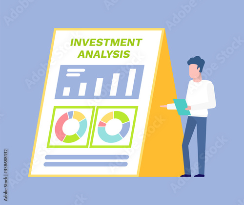 Investment analysis vector, person giving presentation male wearing formal suit showing infochart concerning finance and a