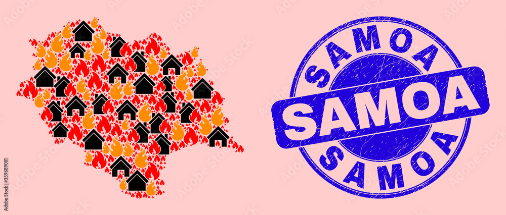 Fire disaster and property combination Himachal Pradesh State map and Samoa rubber stamp print. Vector collage Himachal Pradesh State map is composed with scattered burning homes. Fire disaster and property combination Himachal Pradesh State map and Samoa rubber stamp print. Vector collage Himachal Pradesh State map is composed with scattered burning homes.