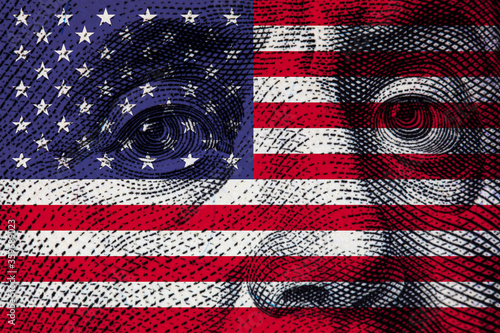 Transparent american flag on 100 dollar bill background