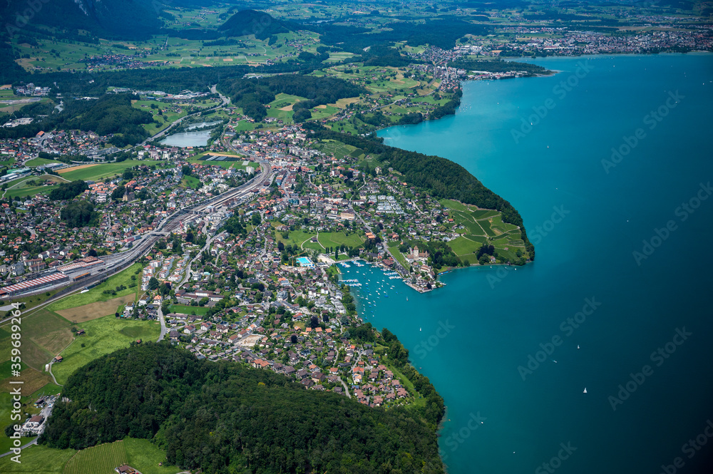 Lake Thun, Spiez and Thun seen from the helicopter