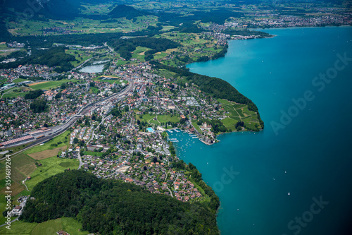 Lake Thun, Spiez and Thun seen from the helicopter