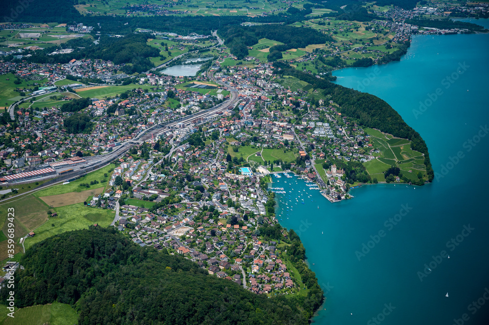 Lake Thun and Spiez seen from the helicopter