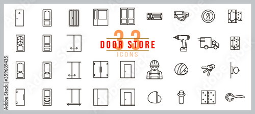 door, folding door, entrance door, glass door,  latch, lock, hinges. Interior design thin linear signs for house decor. Editable stroke.