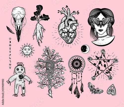 Occultism Set With Woman With Moth Eyes, Mandrake Root, Snakes On The Tree, Alchemical symbols, Heart Lock, Dream Catcher, Pentagram Of Roses, Voodoo Doll, Crow Skull.