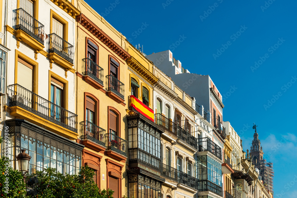 SEVILLA, SPAIN - January 13, 2018: Andalusia style building in Seville city, Spain