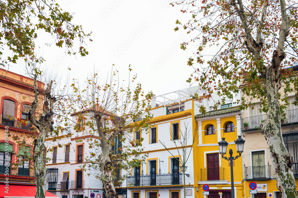 Naklejka premium SEVILLA, SPAIN - January 13, 2018: Andalusia style building in Seville city, Spain