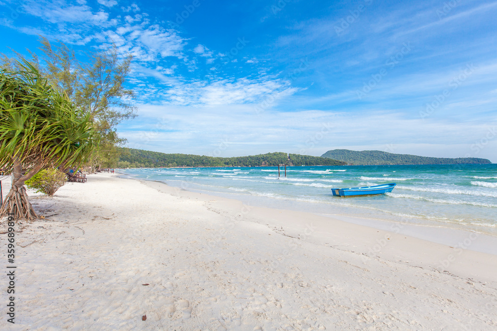 Boat on the beach, saracen bay beach, koh rong samloem island, sihanoukville, Cambodia.