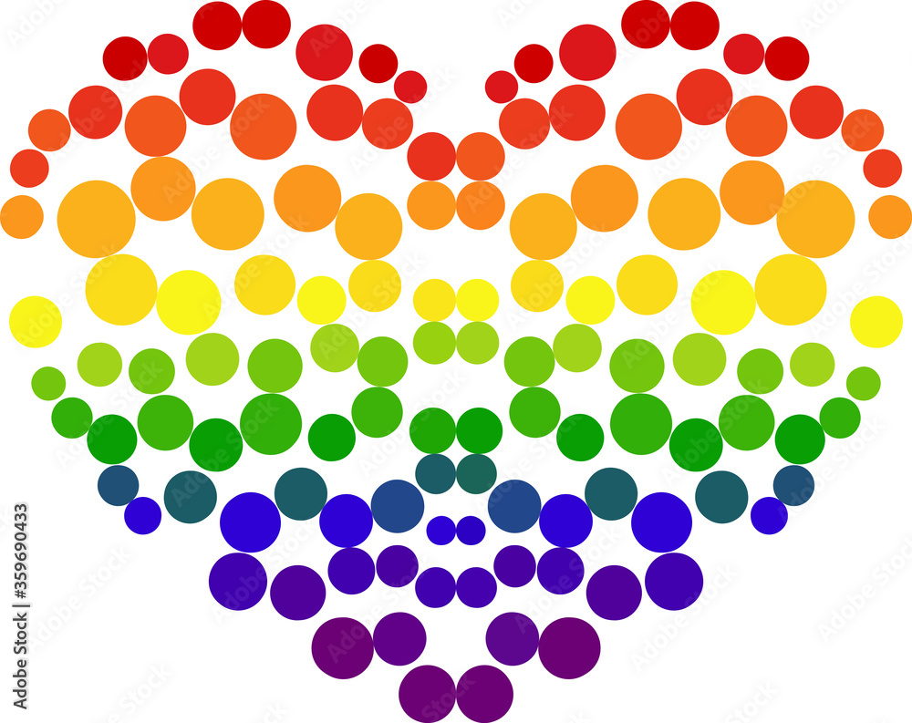 Symmetrical vector striped rainbow  colourful heart with circles.  Heart shaped LGBT flag with dots