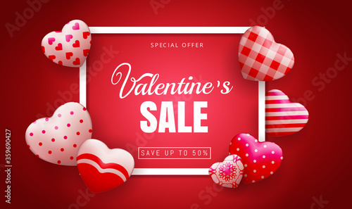 Happy Valentines day sale banner template. Valentines day store discount promotion with white frame lettering and hearts elements hanging with different patterns in red background. Vector illustration