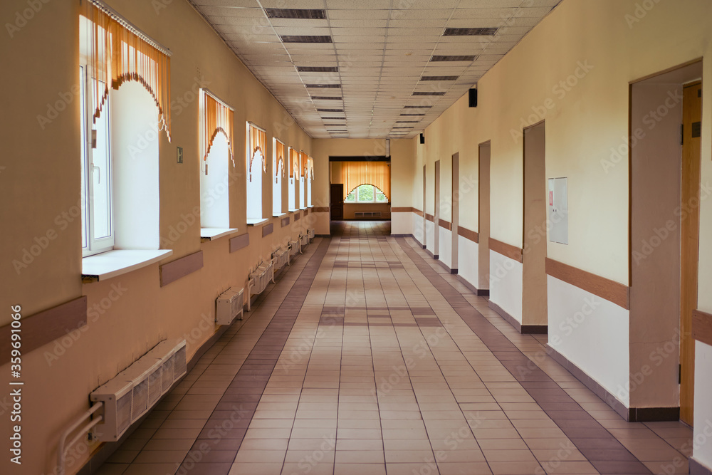 An empty school corridor during the holidays due to the coronavirus epidemic. Closed school during the flu virus pandemic