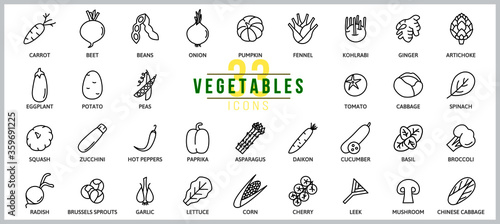 Set of icons vegetables. Outline illustration vector. Pictogram for web page, mobile app, promo. UI UX GUI design element. Editable stroke. Vector.