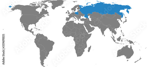 Poland, russia countries isolated on world map. Light gray background. Business concepts, diplomatic and transport relations.