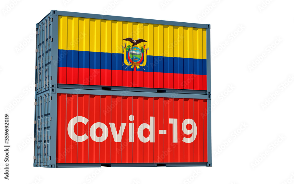 Container with Coronavirus Covid-19 text on the side and container with Ecuador Flag. 3D Rendering 
