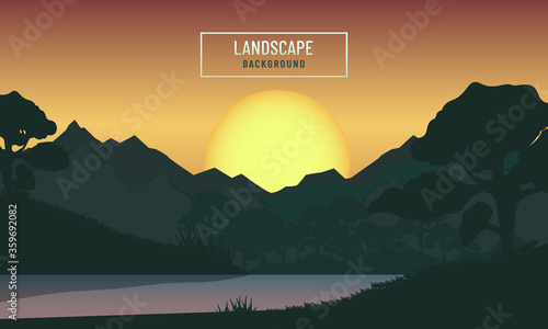 Background landcape about forest and mountains and sunset concept.