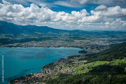 aerial view of Thun and Lake Thun seen from the Helicopter