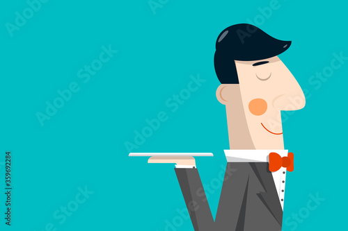 Servant - Waiter Dressed in Tuxedo on VIP Party Vector Illustration