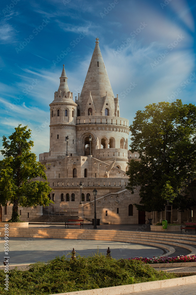 Budapest City, Castle District (Várnegyed)  at the  
Fisherman's Bastion with a beautiful morning sunrise 