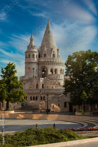 Budapest City, Castle District (Várnegyed) at the Fisherman's Bastion with a beautiful morning sunrise 