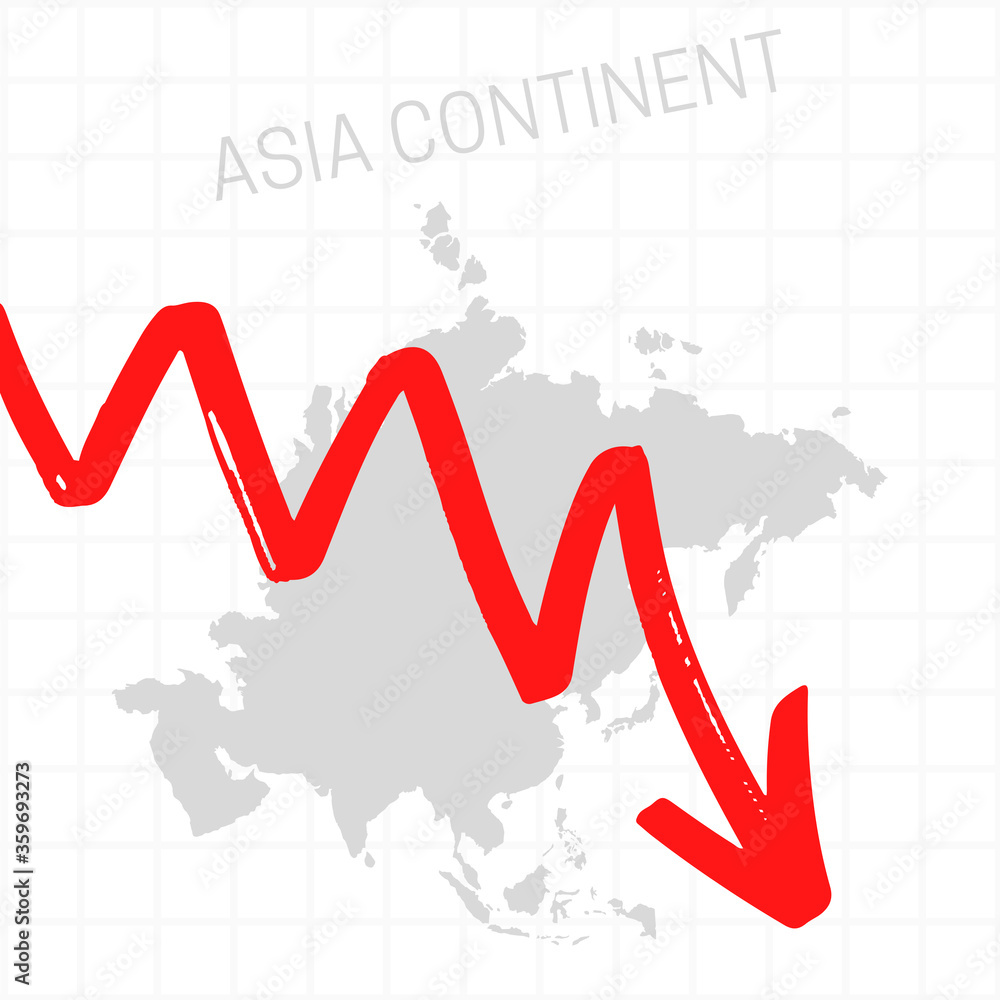 Obraz premium Asia continent map with falling arrow. Financial stagnation, recession, crisis, business crash, stock markets down, economic collapse. Downward trend concept illustration on white background 