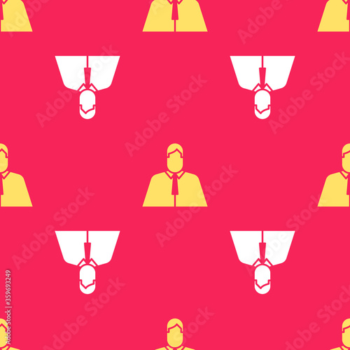 Yellow Lawyer, attorney, jurist icon isolated seamless pattern on red background. Jurisprudence, law or court icon. Vector Illustration.