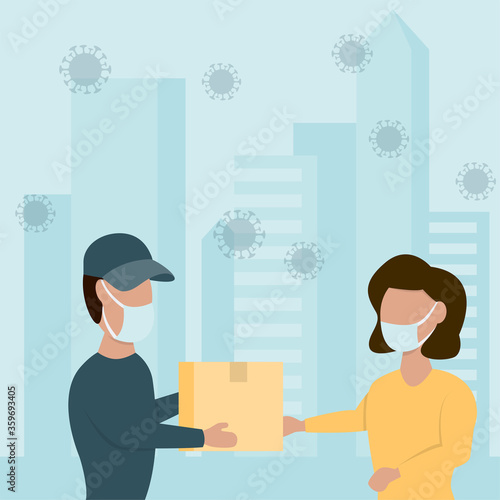 Delivery man brought parcel from to woman on the background of the city vector illustration. COVID-19 coronavirus concept