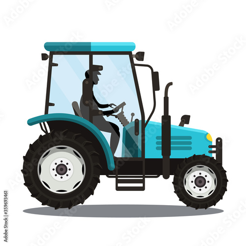 Man Riding Blue Tractor Isolated on White Background Vector Illustration