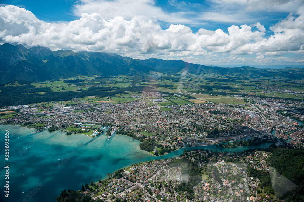 aerial view of the Thun and Lake Thun seen from the Helicopter