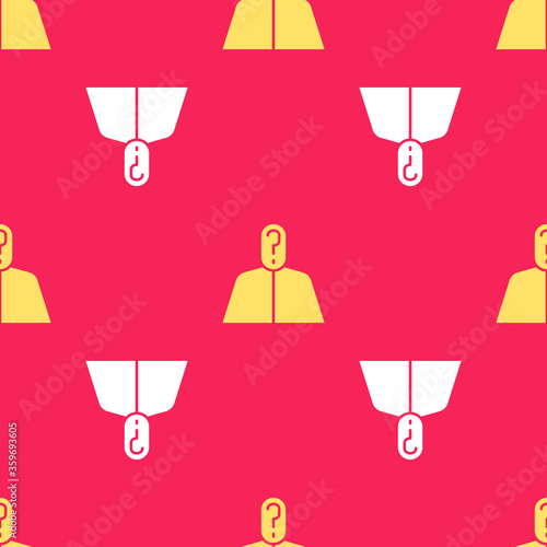 Yellow Anonymous man with question mark icon isolated seamless pattern on red background. Unknown user, incognito profile, business secrecy, obscurity. Vector Illustration.
