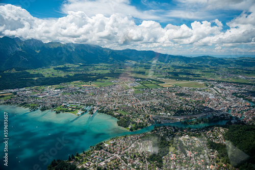 aerial view of the Thun and Lake Thun seen from the Helicopter