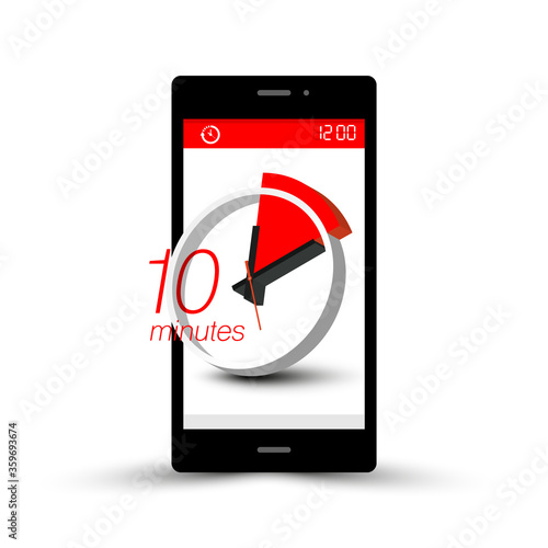 10 - Ten Minutes Clock Symbol on Mobile Phone Screen Isolated on White Background