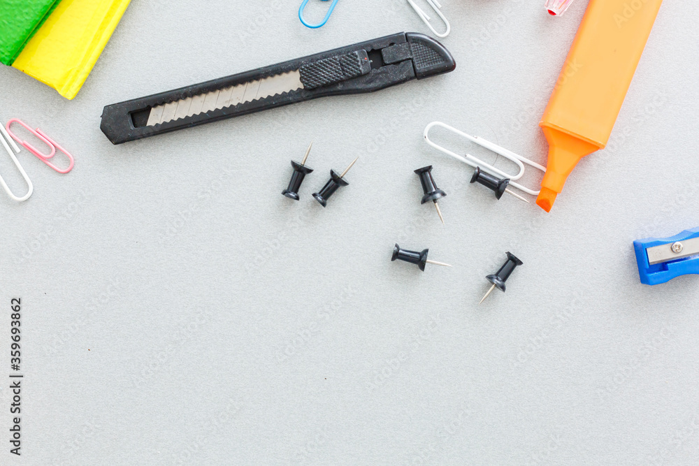 Photo of office and student gear over white background - Back to school concept