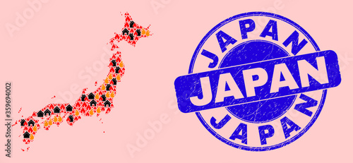 Fire hazard and homes collage Japan map and Japan corroded stamp. Vector collage Japan map is formed from randomized burning towns. Japan map collage is formed for fire insurance purposes.