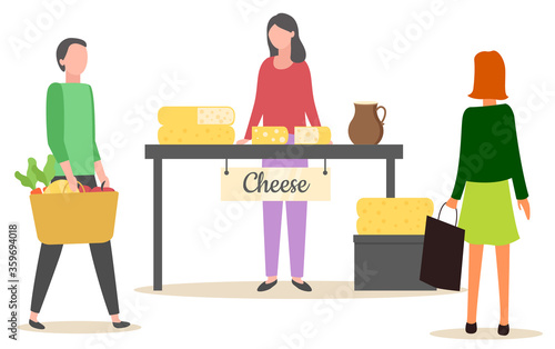 Female seller standing near table with different kinds of cheese. Shoppers buying assortment of milk product, marketplace with dairy food, retail vector