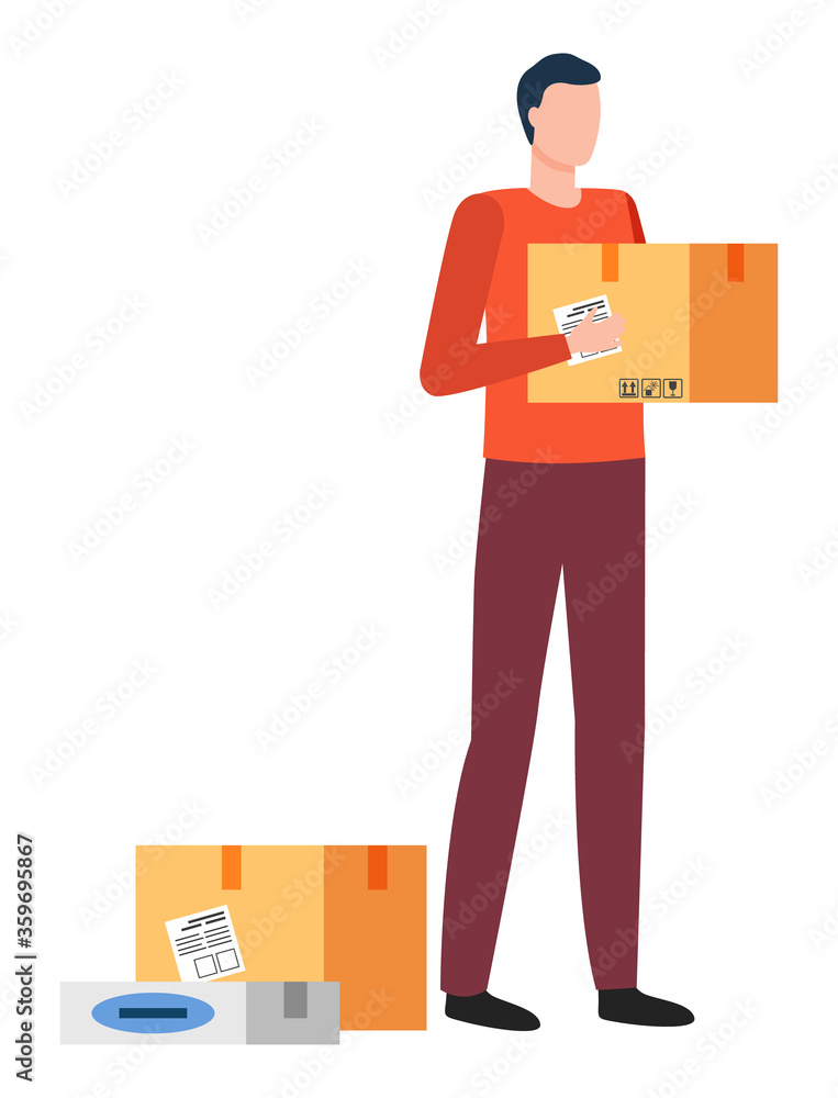 Man holding carton box in hands. Male with container or order of client. Isolated personage delivering product. Courier with parcel and signs. Items distribution of character vector in flat style Man holding carton box in hands. Male with container or order of client. Isolated personage delivering product. Courier with parcel and signs. Items distribution of character vector in flat style