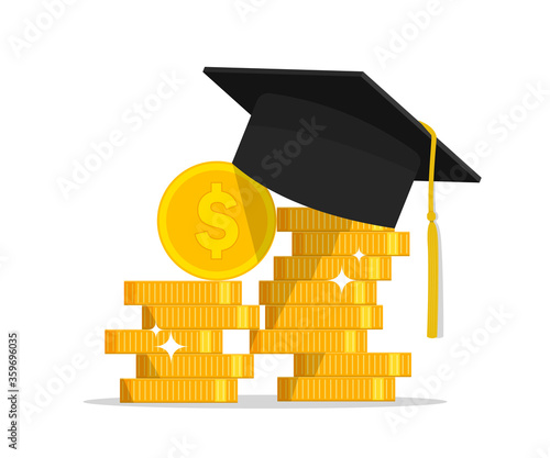 Gold money with graduation cap. Saving scholarship in college. Finance investment in education. Stack of coins payment for knowledge. Bachelor hat for study degree. vector.