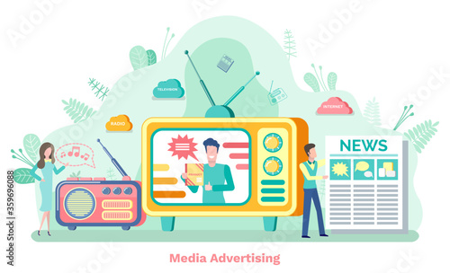 Media advertising, man and woman characters communication with newspaper, tv and radio equipments. Television technology, clouds on green, promotion vector