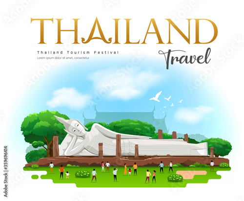 Reclining Buddha, Khun Inthapramun Temple, with Ang Thong Province, Travel Thailand on cloud and sky with bird flying background, vector illustration