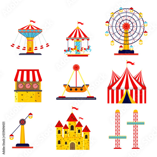 Amusement park flat icons set with family attractions isolated. Architecture entertainment elements for family rest in the park.
