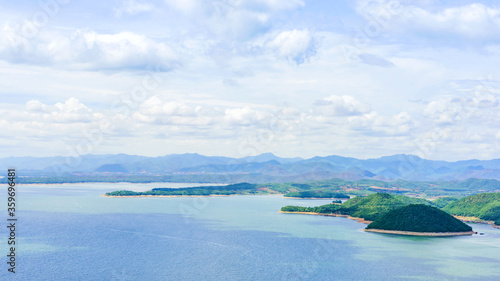 Beautiful scenery views of nature with a large reservoir above the Srinagarind Dam in Si Sawat District, Kanchanaburi Thailand.