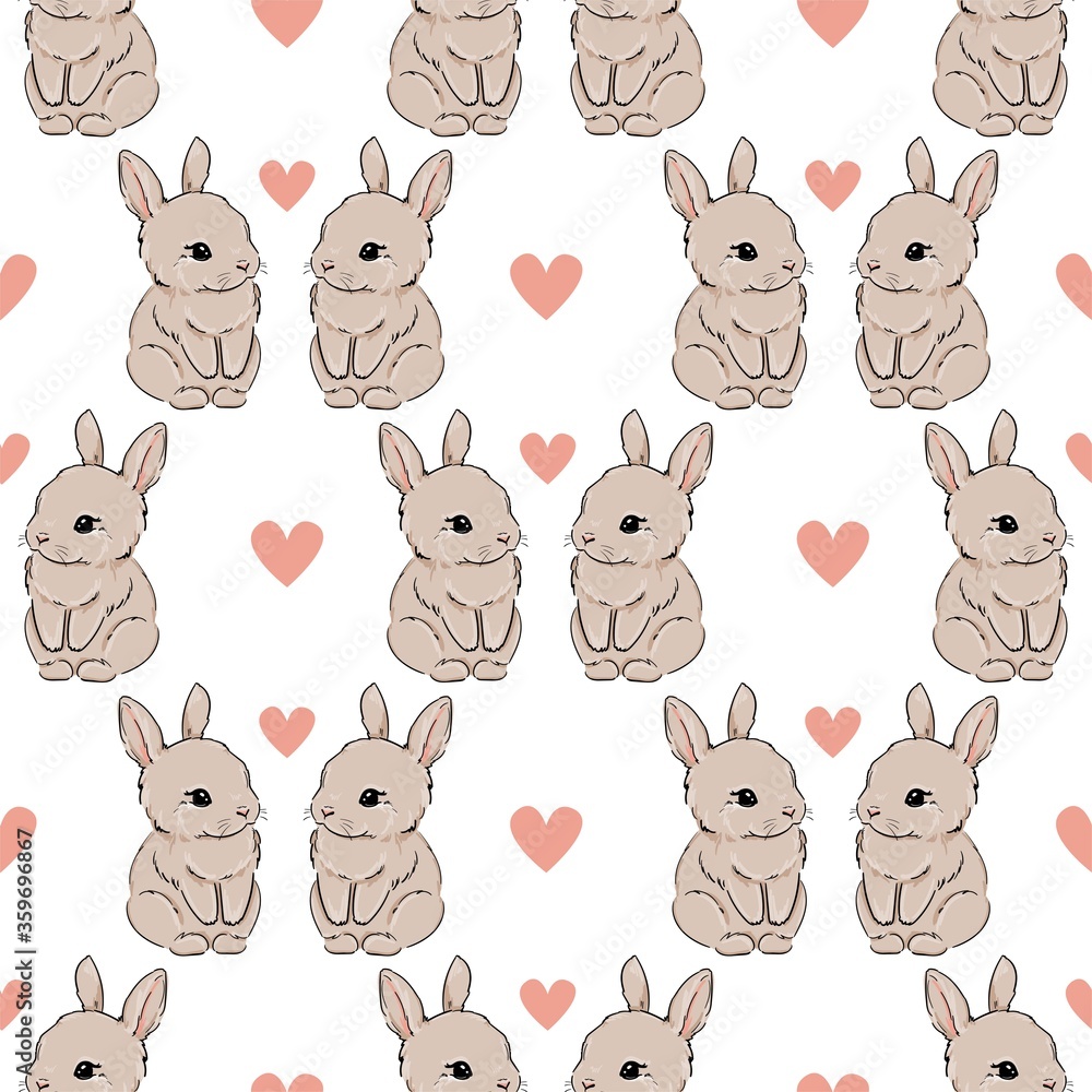 Obraz premium Seamless pattern Rabbit and Heart. Hand Drawn Cute Bunny Pattern, print design background, children print textile design. Vector