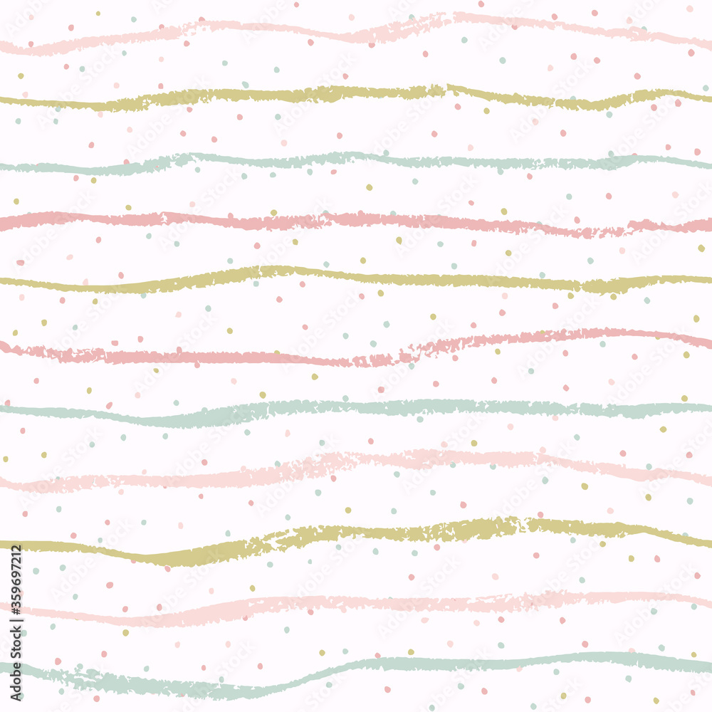 Seamless pastel pattern of abstract textured wavy lines and dots.
