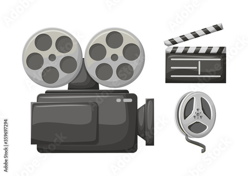 Movie clapper, retro camera filming technology vector, isolated icon of bobbin with tape. Cinematography equipment for making films, old cinema symbols