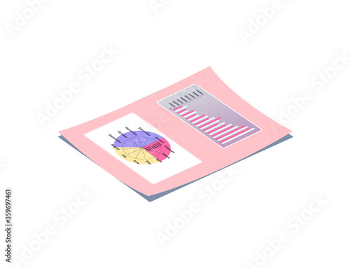 Pink lying paper with round calendar with twelve months and chart with numbers, 3D list with shadow. Page with colorful planner and statistics vector