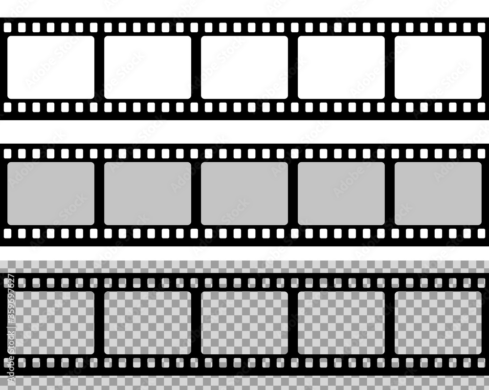Film strip, movie reel icon. Black photo frame tape. Filmstrip frame template. Old cinema stripe isolated. Black square tape for retro photography. Picture edge. vector illustration.
