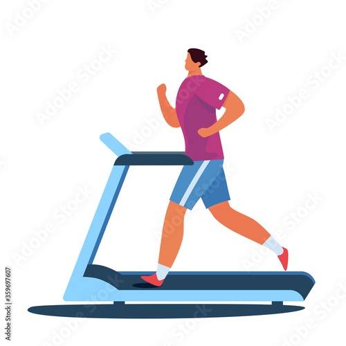 Athletic man on training apparatus have various physical exercises. People exercising at modern gym. Enjoy sport activity.  Vector flat illustration. 